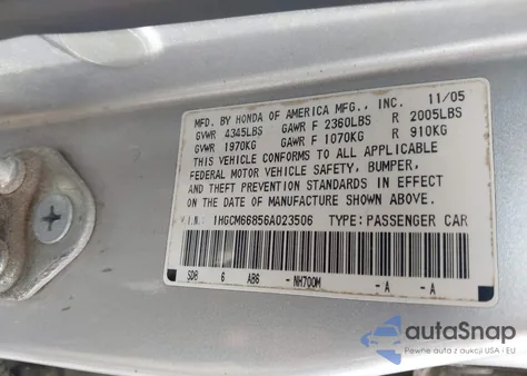 2006 Honda Accord 3.0 Ex из США, поврежденный, VIN 1HGCM66856A023506